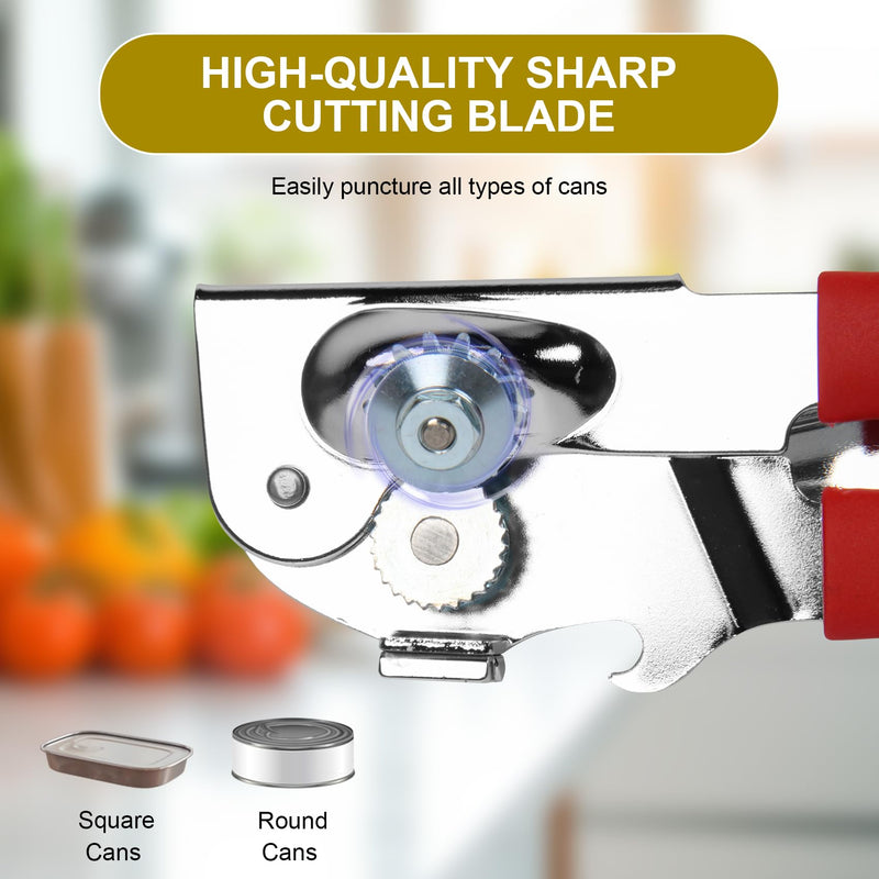 Commercial Can Opener, Stainless Steel Heavy Duty Manual Hand Crank Can Opener, with Comfortable Ergonomic Design Extra-long Handles, Large Handheld Smooth Can Open Easy for Big Cans, Red