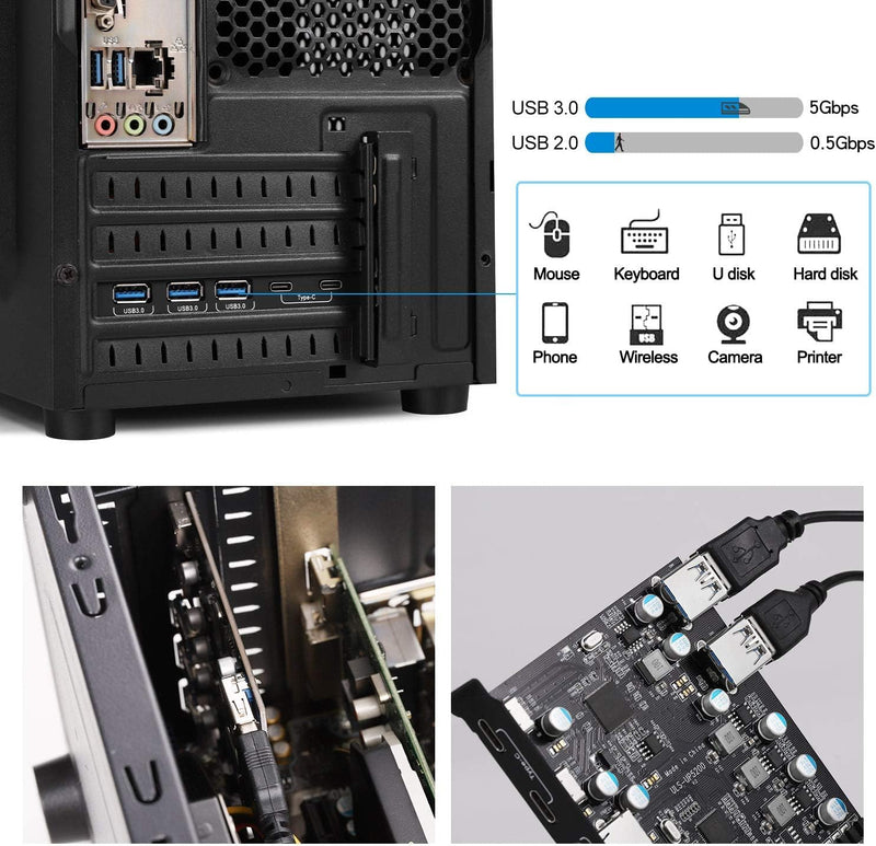 7-Port PCI-E to Type C (2), Type A (5) USB 3.0 Expansion Card with 2 Rear USB 3.0 Ports PCI Express Card Desktop for Windows Mac Pro