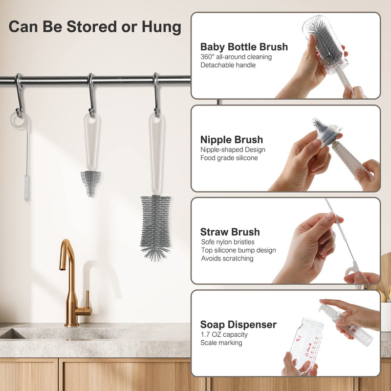 Baby Bottle Brush,6 in 1 Bottle Cleaner Set with Extendable Silicone Bottle Brush,Drying Rack,Nipple & Straw Brushes,Soap Dispenser & Organizer Case,Ideal Gifts for Babies& Moms White