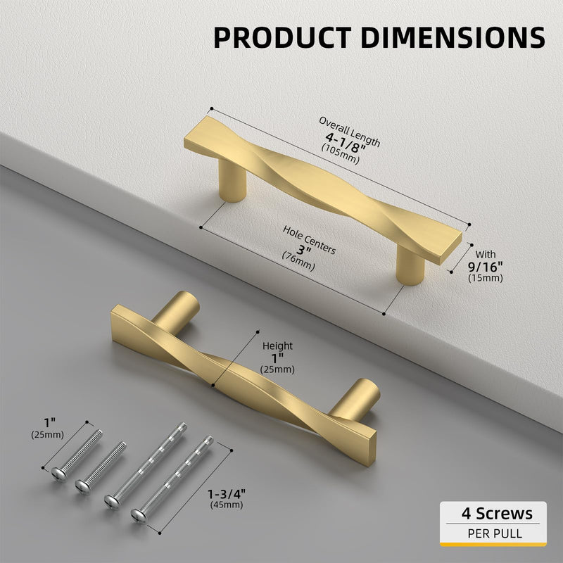 Goldenwarm 5 Pack Gold Cabinet Handles Gold Drawer Pulls Kitchen Drawer Pulls Solid Zinc Alloy Cabinet Handles Kitchen Door Hardware for Bedroom Cupboard Dresser, 3Inch Hole Center 3'' Hole Center Brushed Gold