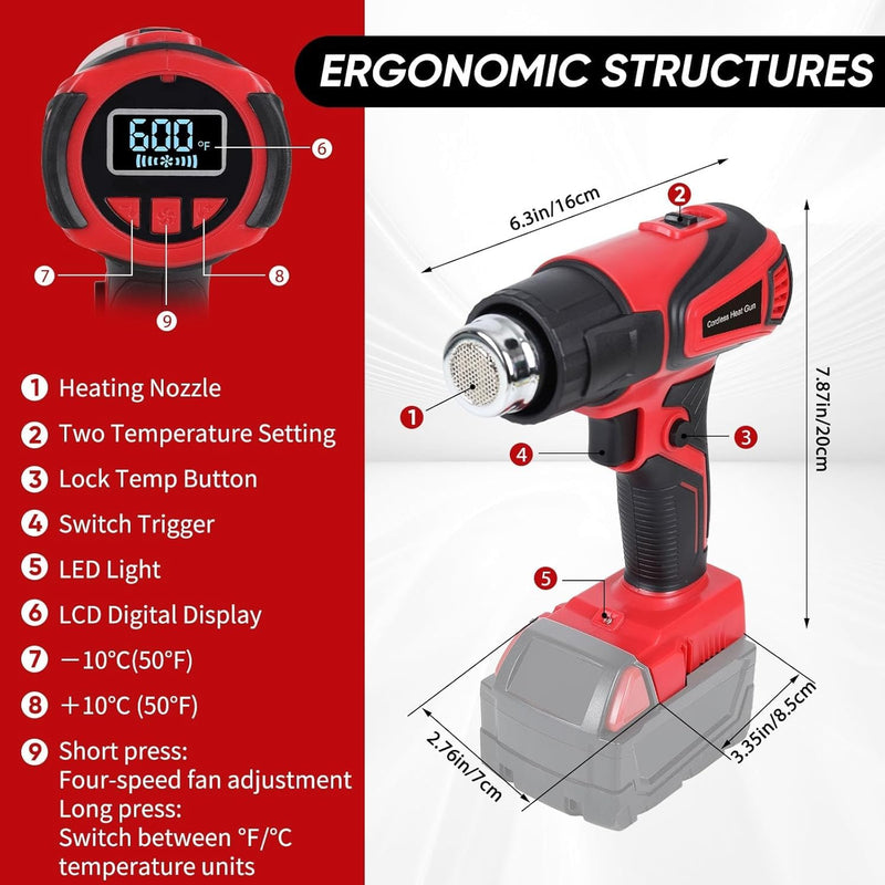 Cordless Heat Gun Compatible with Milwaukee m18 Battery 350W Fast Heating 120℉–1112℉ Variable Temperature LCD Display Portable Hot Air Gun 4 Nozzles for Crafts, DIY (Tool Only, Not Made by Milwaukee)