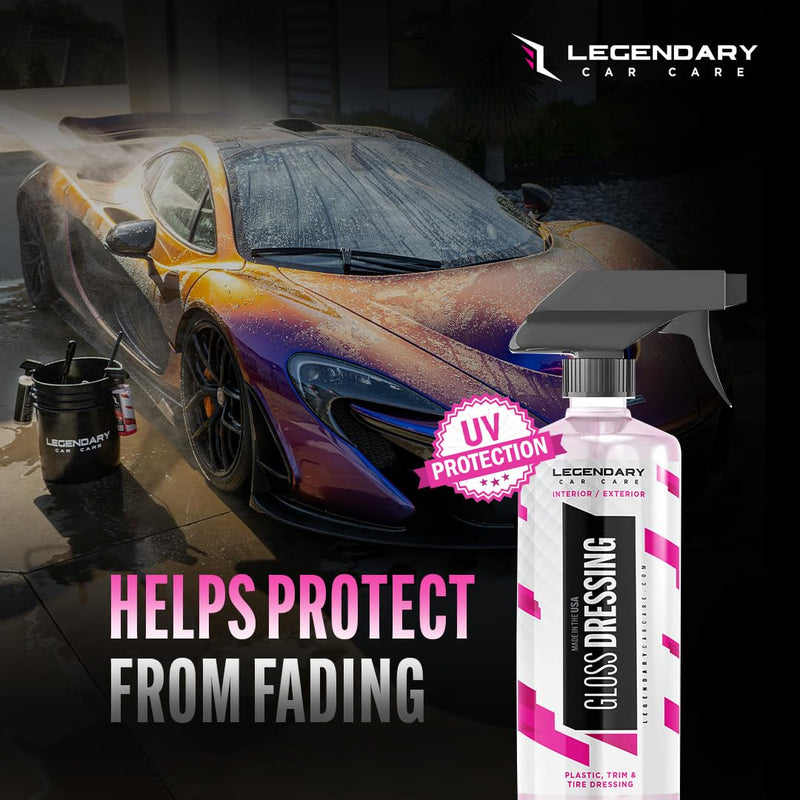 Legendary Gloss Dressing with Applicator 16oz - Tire Shine Spray & Plastic Restorer – Water Based & Non-Greasy Interior/Exterior Detailing Spray - Trim, Rubber, Vinyl & Plastic Restorer for Cars Gloss Dressing 16oz with Applicator
