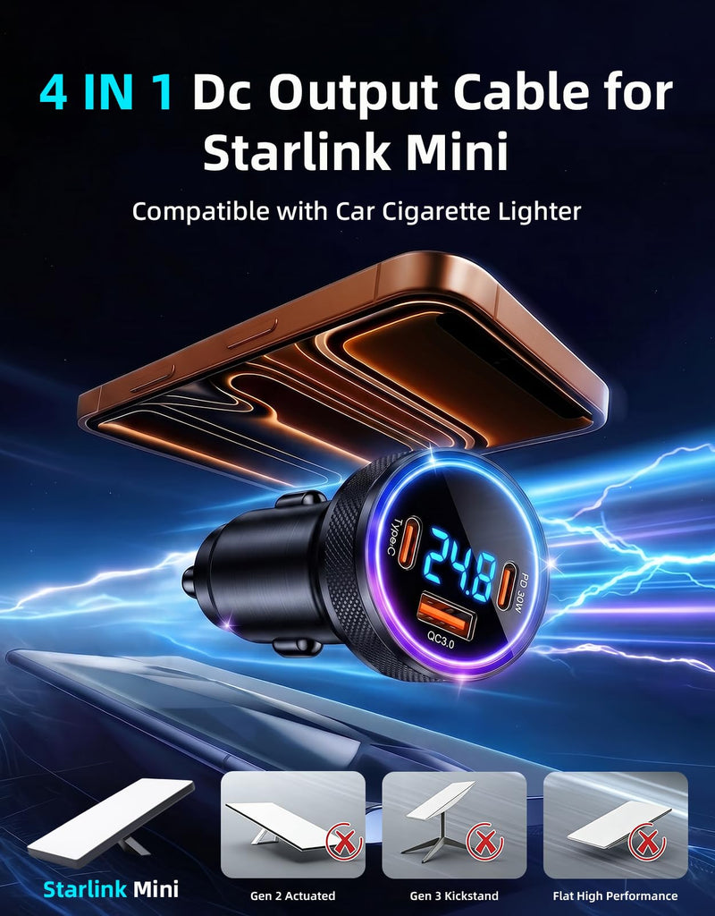 4-in-1 Starlink Mini Car Adapter, 10FT Starlink Mini Power Cable | 12V-24V cigarette lighter adapter with voltage display, dual 45W USB-C PD and 35W USB-A ports for cars, trucks and RVs Black
