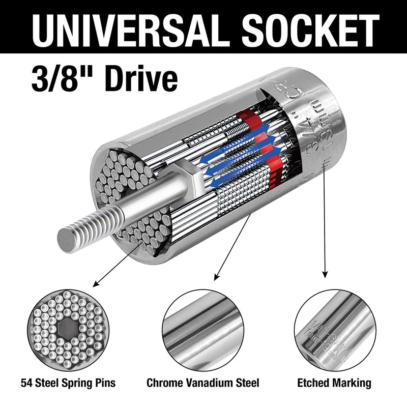 MacWork 4-in-1 Wrench and Universal Socket Set, 1/4", 3/8", 1/2" Drive and 1/4" Drive Bit Driver Ratchet Handle, 72-Tooth, with Universal Socket(7-19mm), Phillips #2 & Slotted 1/4" Screwdriver Bit