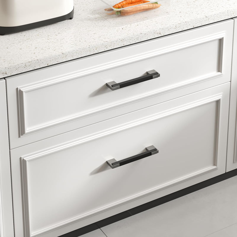Rergy 5 Pack Adjustable Cabinet Pulls Black and Silver, 4 and 5 inch Hole Spacing Cabinets Handles, 2 Tone Dresser and Drawer Pull, Square Kitchen Hardware Hole Center: 4in(102mm) and 5in(128mm) Black and Brushed Nickel