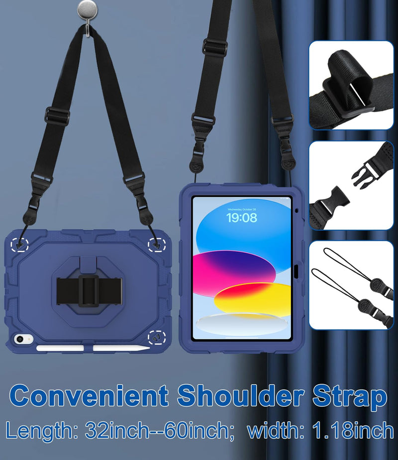 iPad A16 11th & 10th Gen Case with Screen Protector and Strap, Blue | 360° Rotating Stand, Removable Adjustable Shoulder Strap & Hand Strap, Pencil Holder, Handle for Carrying, Heavy Duty Case Navy Blue