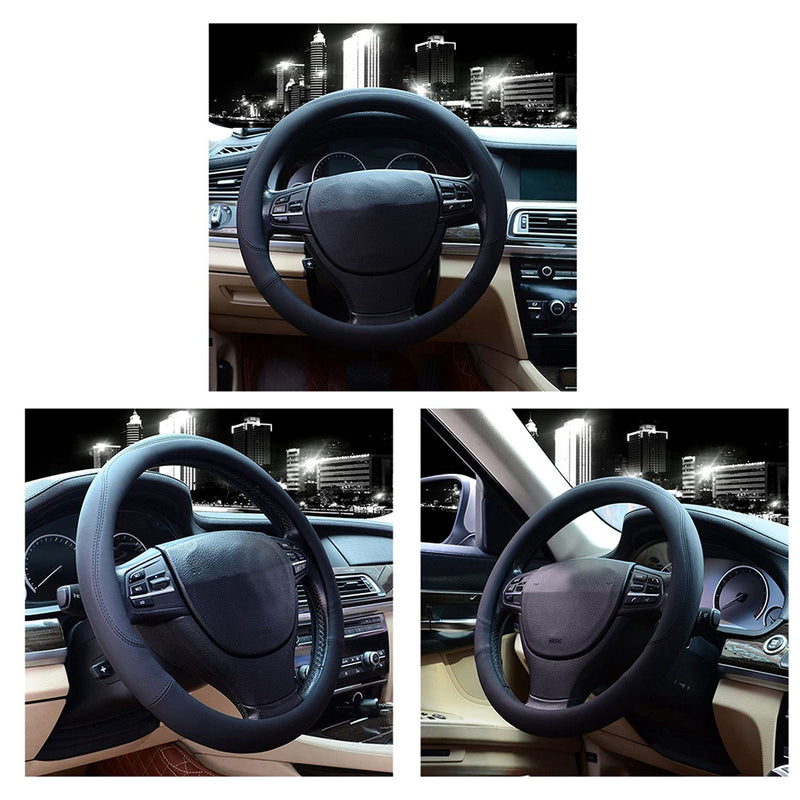 Valleycomfy Microfiber Leather Steering Wheel Cover Universal 15 inch (Black) Black Medium(Standard) Size[14.5"-15"]