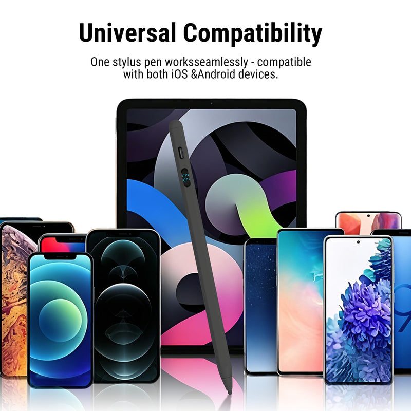2-in-1 Stylus with LED Display | dual-mode active + capacitive, palm rejection, tilt, USB-C fast charge, no Bluetooth, 3 tips, for iPad iPhone Samsung Switch Black