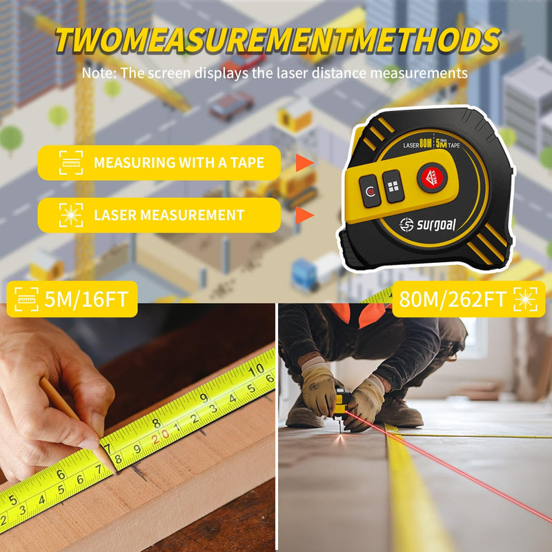 2-in-1 Laser Tape Measure 262ft Rechargeable Digital Tape Measure with Laser 16Ft Construction Measuring Tape for Woodworking and DIY, Pythagorean, Area, Volume, Ft/Ft+in/in/M Unit Magnetic Hook Red Laser Tape 16ft+262ft One Size