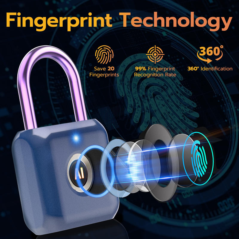 Pothunder Fingerprint Padlock, Smart Padlock, Locker Lock, Biometric Metal Keyless Fingerprint Lock, USB Rechargeable, for Gym Locker, Luggage, Backpack(Blue) Only Finger Blue
