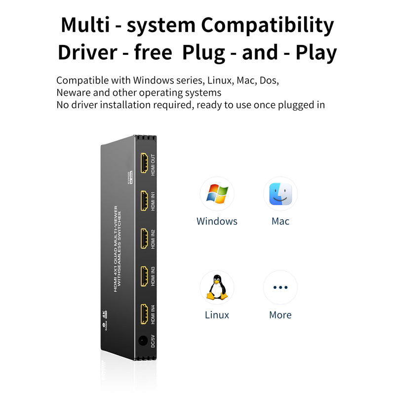 4K HDMI Splitter 4x1, 4-in-1 Output HDMI Switch with Remote Control and Power Adapter, Ultra HD 1080P/3D/4K@30Hz, 4 Split-Screen Modes for PS5, Fire TV, and Monitors (4 Inputs, 1 Output)