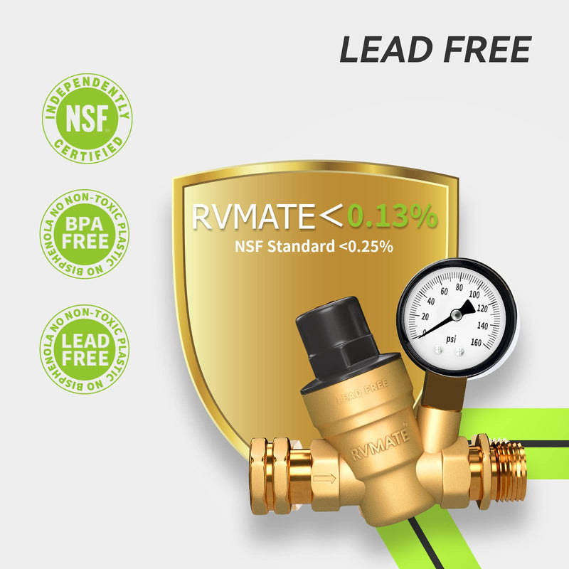 RVMATE RV Water Pressure Regulator, Brass Lead-Free Water Pressure Reducer Kit, Adjustable Valve with Inlet Screen Filter, for Camper Travel Trailer Adjustable 1.0