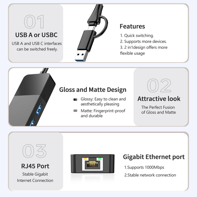 ALL-LUCKY USB to Ethernet Adapter, 4 in 1 USB C to Ethernet Adapter Hub with 3 x USB 3.0 Port/Gigabit Internet Port, High-Speed Network Hub Compatible for iMac,MacBook Pro，iPad Pro，XPS