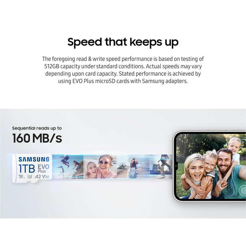 SAMSUNG EVO Plus microSD Memory Card + Adapter, 256GB microSDXC, Speeds Up to 160 MB/s, UHS-I, C10, U3, V10, A3, Upgrade Storage for Phones, Tablets, Gaming Consoles, DSLR Cameras, PCs, MB-MC256SA/AM 256 GB