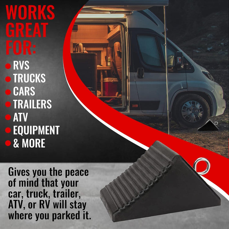 AFA Tooling - Heavy Duty Rubber Wheel Chocks w/Eyebolt Tie Off Handles - RV Wheel Chock for Front & Back Tires - Quick Grip Ribbed Design - Great for Your Camper, Trailer, RV, Truck, Car, ATV - 4 Pack 4 Pack Large w/Eyebolt