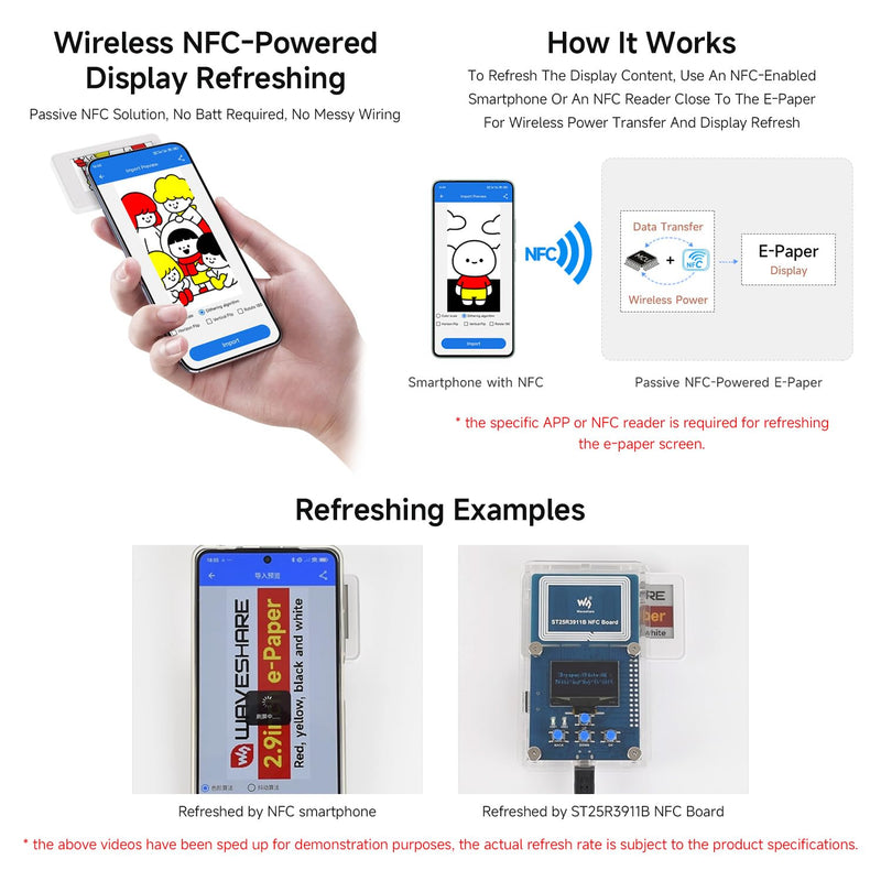 Waveshare 2.9inch Passive NFC-Powered e-Paper (G), Red/Yellow/Black/White 4-Color Displaying, No Batt Required, Wireless Powering & Refreshing, ABS Case