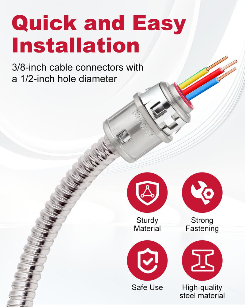25 PCS Metal Cable connectors, 3/8" snap Conduit Connector, zinc Electrical Connector for Steel and Aluminum Cable 25 Pcs