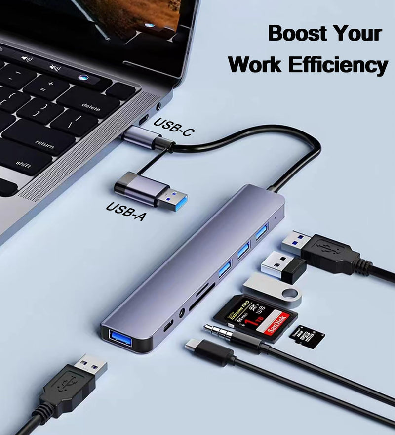 USB C Hub USB Hub 3.0 with SD/TF Card Reader, 3.5mm Headphone Aux Jack, 8-in-1 USB Splitter for MacBook Pro Air, XPS, Surface and More PC/Laptop/Tablet Devices Versatile 8-in-1