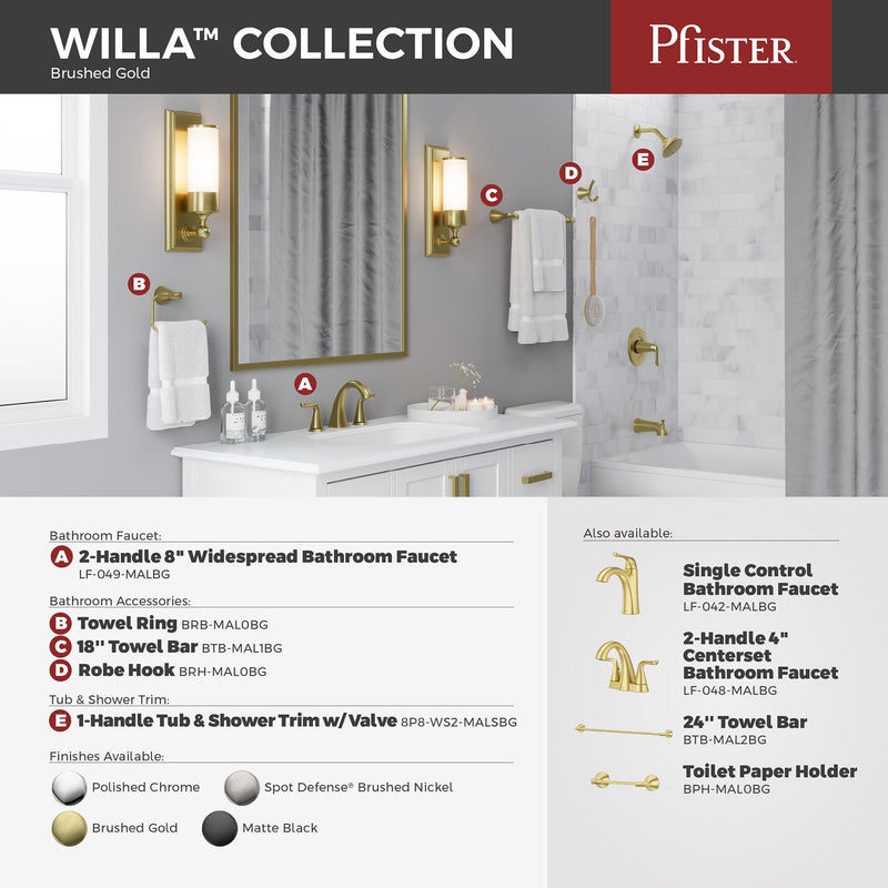 Pfister Willa Bath Towel Bar for Bathroom, 24-Inch, Wall-Mounted, Screw-in, Polished Chrome Finish, BTBWLL2C Brushed Gold 1 Pack Towel Bar 18"