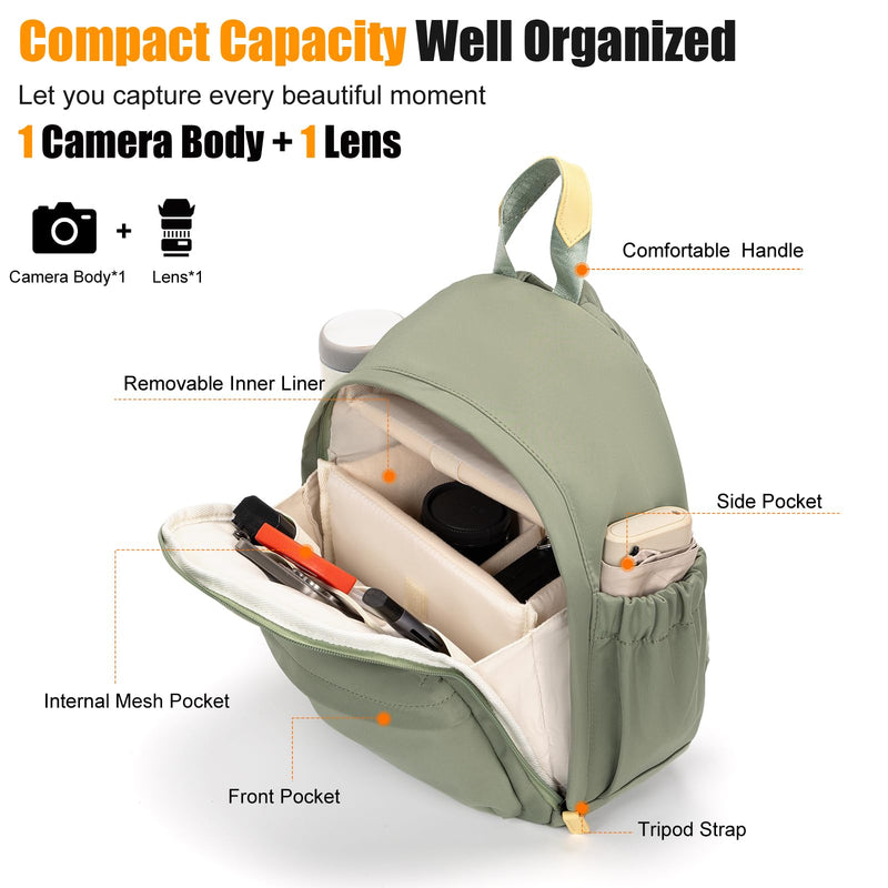 Cwatcun Camera Backpack for Women, Compact DSLR Bag with Tripod Strap | Fits 1body+1lens+10.9"iPad. Removable dividers, 18mm padding,tripod strap, anti-theft pocket, lightweight 0.96kg. Green 1.0 Small
