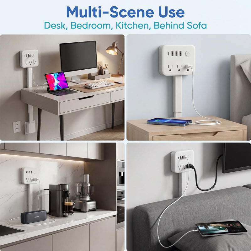 GIRAVO Extendable Outlet, Wall Plug Extension for Behind Couch, Sofa | 17.5-25.6in, 180 Degree Rotating Plug, 3 AC Outlets, 2 USB-A + 1 USB-C