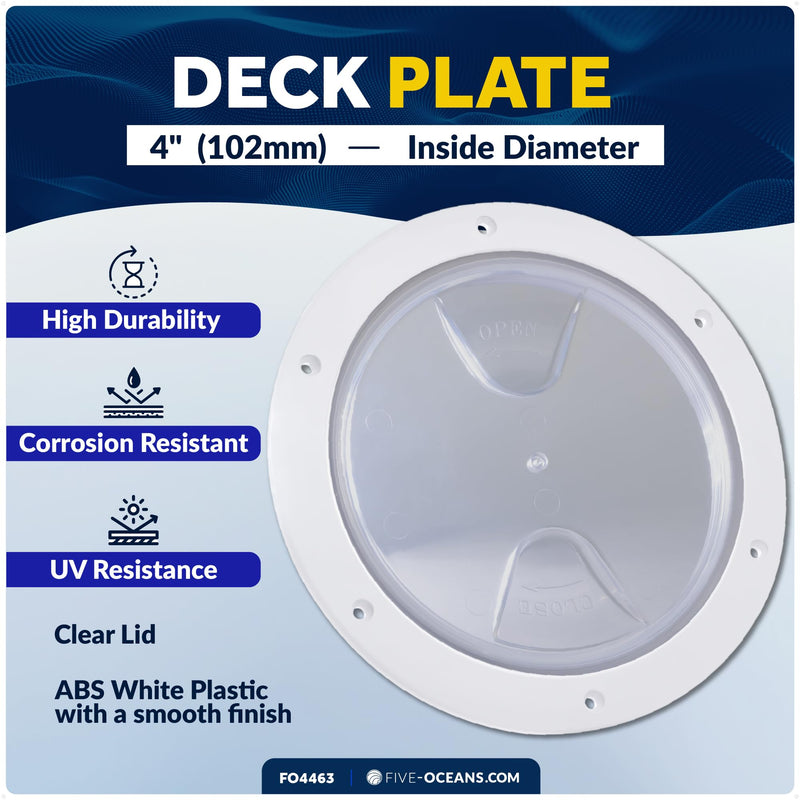 Five Oceans 4" Boat Hatch, Marine Round Inspection Deck Plate Hatch with Detachable Clear Lid, UV-Resistant ABS White Plastic, for Pontoon, Fishing Boat, Bass Boat, Yacht, RVs, Caravan - FO4463 4 Inches