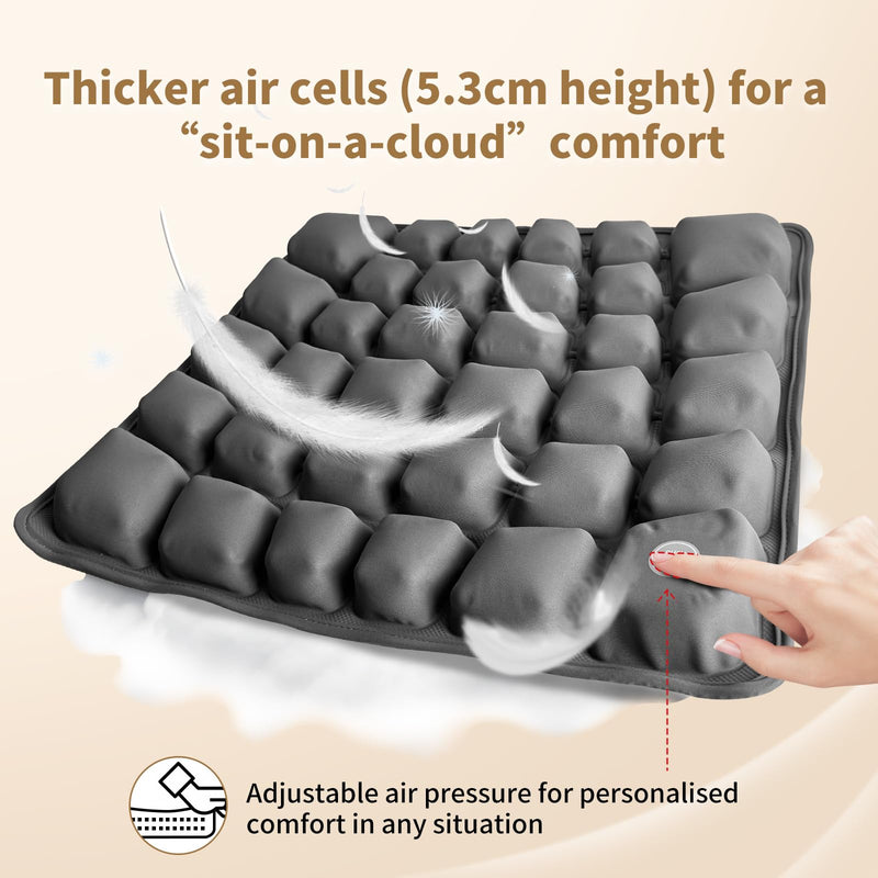 Air Inflatable Travel Seat Cushion with Built-in Pump & Carry Bag– Portable & Adjustable for Airplane, Car, Office – Coccyx, Sciatica & Tailbone Pain Relief (Gray) Gray Cushion With Silver Storage Bag