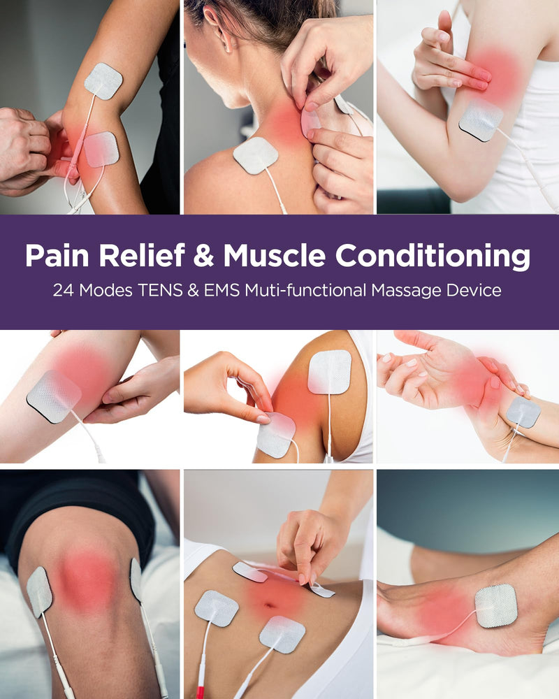 TENKER TENS Unit Muscle Stimulator, 24 Modes TENS EMS Machine for Shoulder, Sciatica, Back Pain Relief, Rechargeable Electronic Pulse Massager with 2"x2" and 2"x4" Electrode Pads A-purple