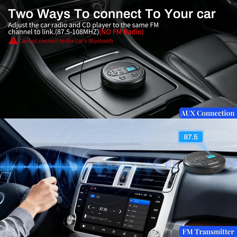 Portable CD Player with FM Transmitter, Bluetooth, Timer, USB, AUX | Rechargeable Music Player with Anti-Skip, Stereo Speakers, LCD Display, Includes Headphones for Use at Home or in Car, Grey