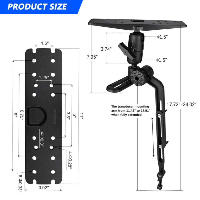 Kayak Fish Finder Mount,1.5" Ball Universal Mounting Plate with Transducer Mounting Arm, Marine Electronic Mount Plate with Low Profile Track, Compatible with Scotty, Lowrance, Garmin Installation Panel-L