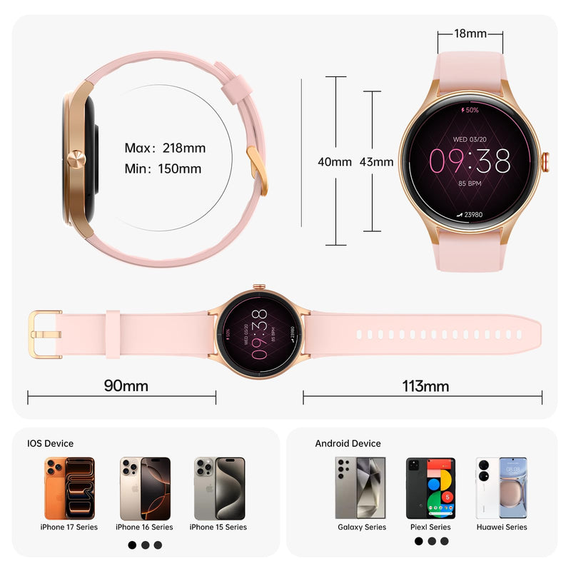 Smart Watch for Women,1.57'' AMOLED Touchscreen Compatible with Android&iOS | Fitness Watch with Heart Rate/Sleep/SpO2 Monitor 110+ Sport Modes,Smartwatch with Answer/Make Call,3ATM Waterproof 2 Bands Pink 1.57