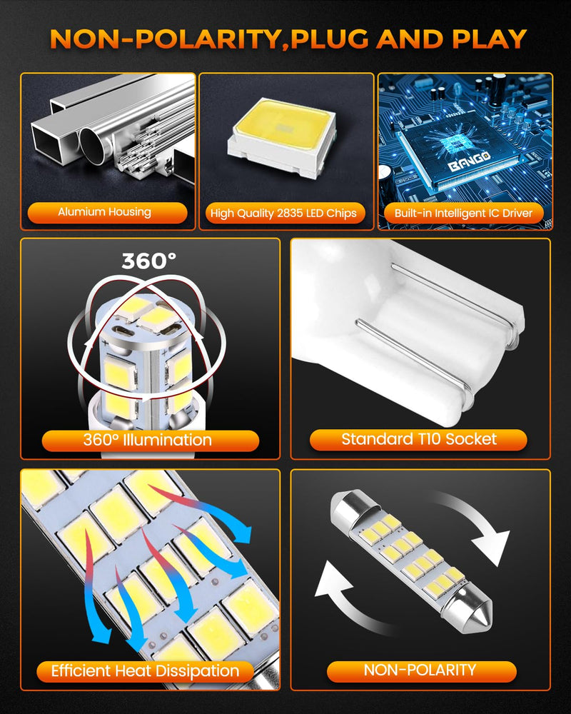 BANGO 24 Pieces Car LED Interior Light Bulbs, Non-Polarity Design with Removal Tool, Suitable for Car Dome Map Door Trunk License Plate Lights, Etc. (Xenon White)