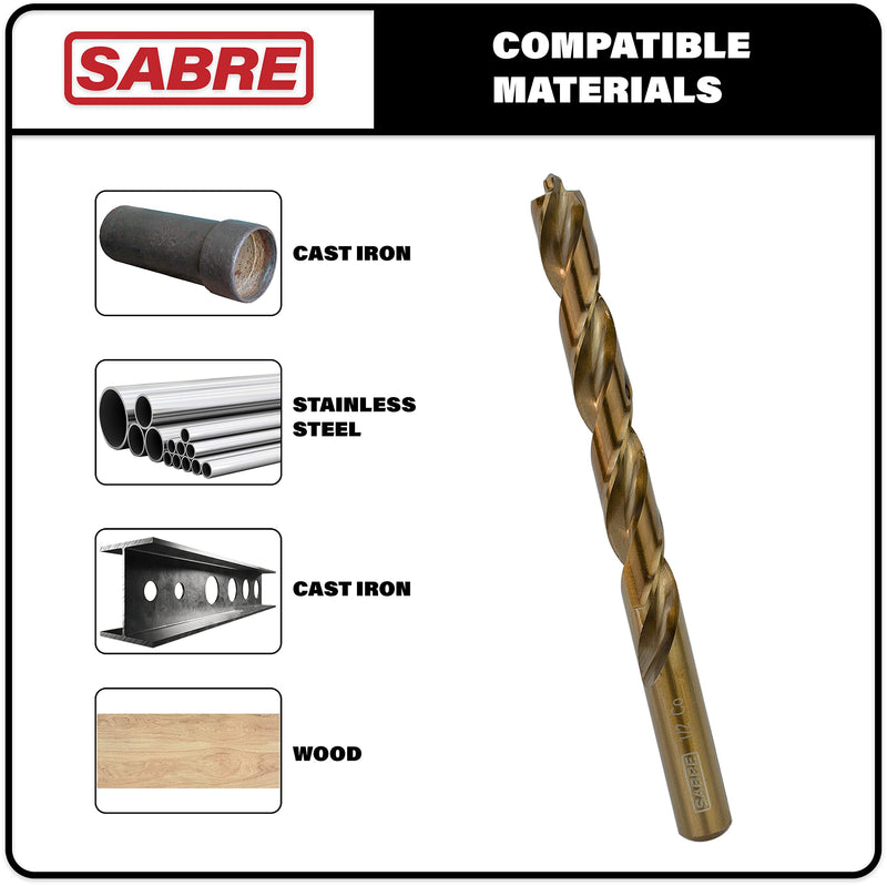 1/2 Inch Cobalt Drill Bits 5pcs Heavy-Duty Drill Bits for Steel, Hard Metal, Cast Iron (1/2" x 6") 1/2 in (5-Piece Set)