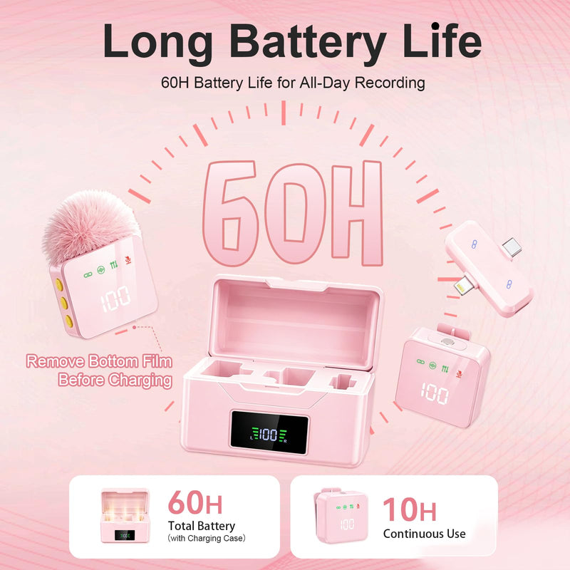 2 Mini Wireless Lavalier Microphones for iPhone & Android, Noise Cancelling, Plug & Play, 60H Battery with Charging Case, Portable Lapel Mic for Content Creators, Podcast, Streaming (Pink) Pink 2