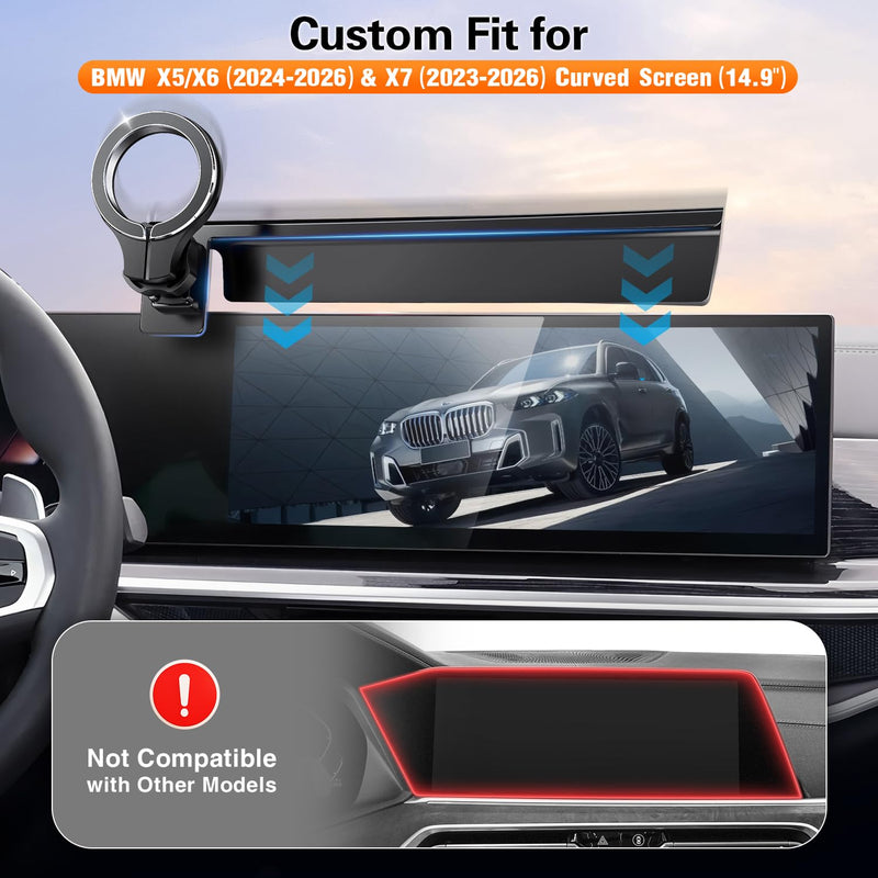 Magnetic Phone Mount for BMW X5/X6 2024-2026 & X7 2023-2026, 14.9in Screen | Clip-On 14.9" Screen Mount With Adhesive Support And Hidden Storage Tray; For Magsafe Iphones Or Phones With Metal Rings
