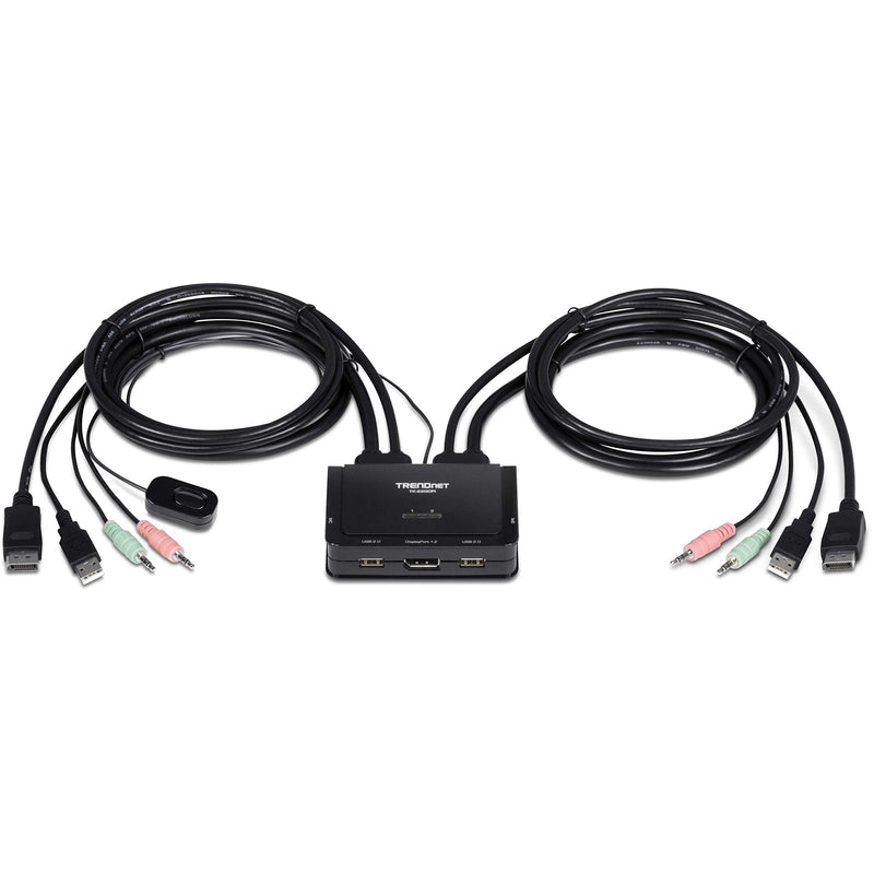 TRENDnet 2-Port 4K DisplayPort 1.2 KVM Switch with Audio, 4K UHD (3840 x 2160@60Hz), 3.5mm Speaker/Microphone, USB 2.0, Integrated Cables, Black, TK-220DPI 2-Port 4K DisplayPort KVM