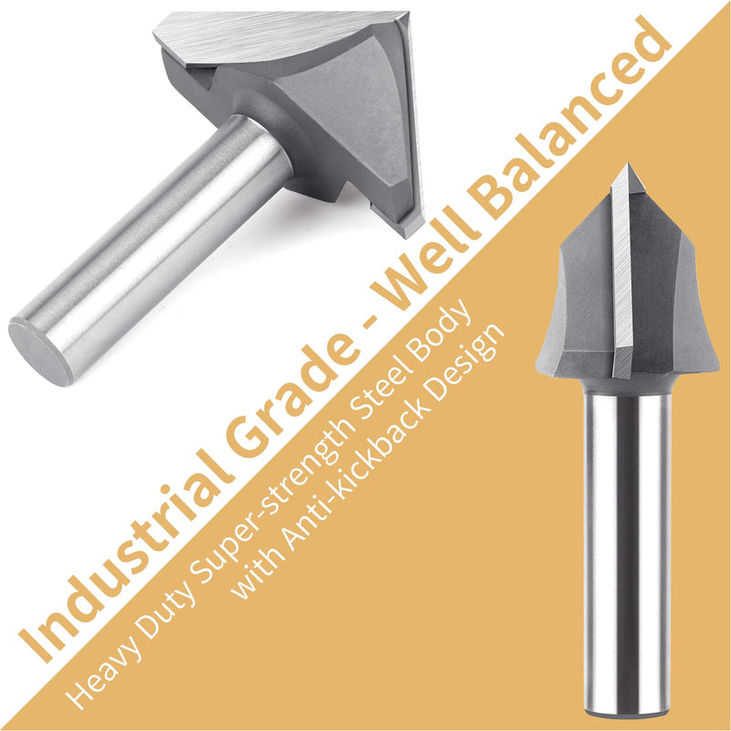 90 Degree V Bit 1/2" Shank, 2" Cutting Diameter Carbide Tipped V Groove Router Bit Wood CNC Router Bits for Grooving, Chamfering, Engraving 90 Degree, 1/2" Shank, 2" Cut Dia