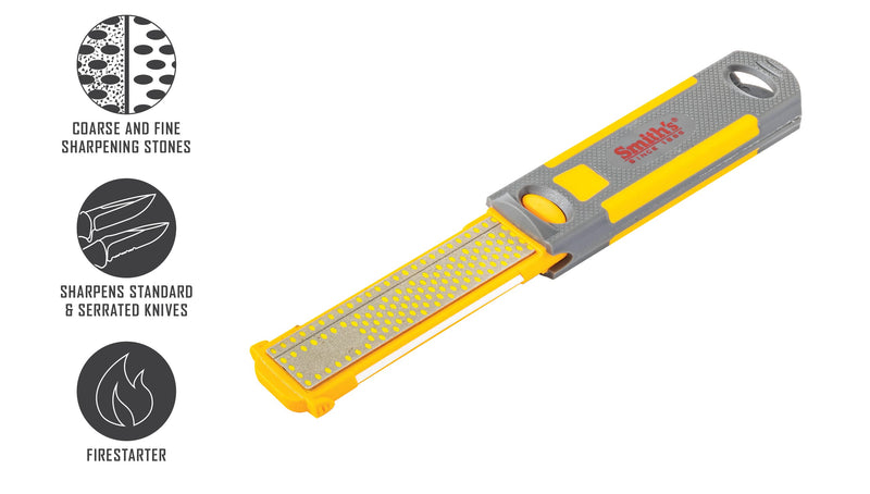 Smith's 51178 Pack-Pal 4" Diamond Combination Sharpener – Retractable 2-Sided Stone Camping Knife Sharpener – Straight & Serrated Blades - Lightweight, Compact, Handheld - Fire Starter – Hiking Tool