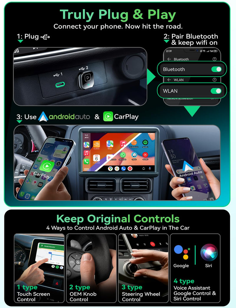 Wireless Carplay & Android Auto Adapter, Metal Design Mini & Stable 2-in-1 Dongle, Convert Vehicle's Wired CarPlay/Android Auto to Wireless, for iOS 10+/Android 11+ & Cars from 2016 Glossy Black
