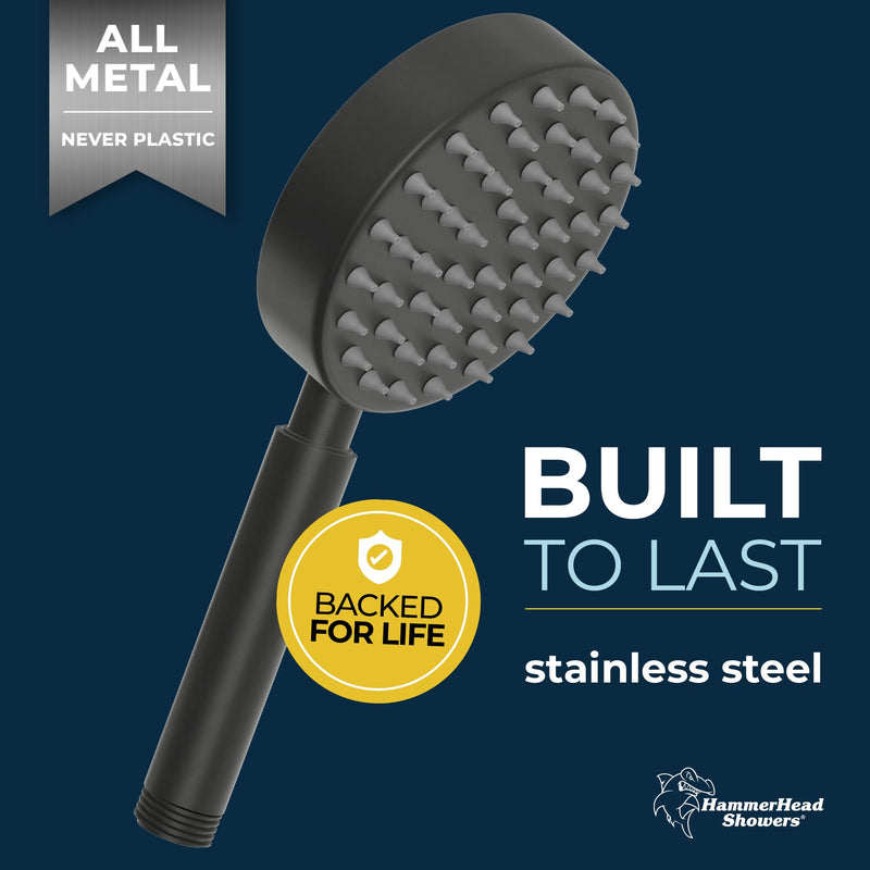 HammerHead Showers® Solid Metal Hand Held Shower Head - MATTE BLACK - 1.75 Low Flow Shower Heads 4 Inch Spray Wand | Made from 304 Stainless Steel with Silicone Nozzles 1.75 GPM