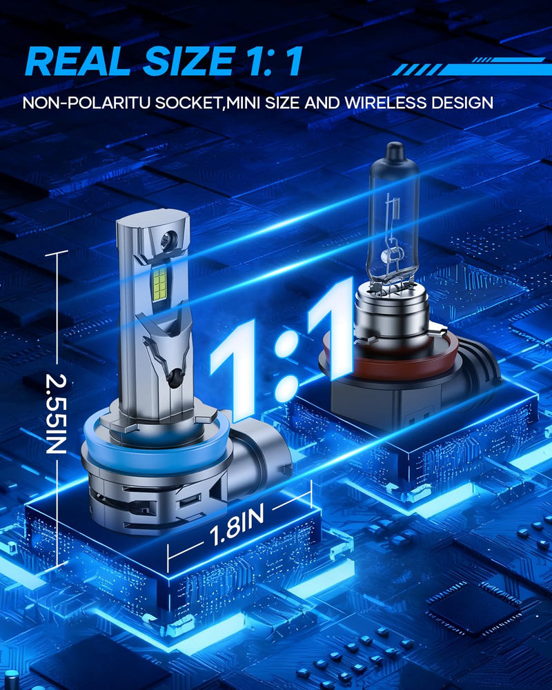 H11/H8/H9 Bulbs, 40000LM 6500K Cool White, 1:1 Mini Size, 1000% Super Bighter H16 Fog Light Bulb with 80000H Lifespan, 1 Min Plug-N-Play, IP68 Waterproof Non-polarity, Pack of 2 AQ3 H11/HB8/HB9