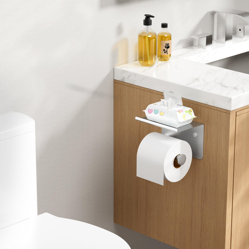 FORIOUS Toilet Paper Holder with Shelf, Adhesive or Screw Wall Mount Toilet Roll Holder for Bathroom, Rustproof 304 Stainless Steel Commercial Toilet Tissue Holder with Storage, Brushed Nickel 1