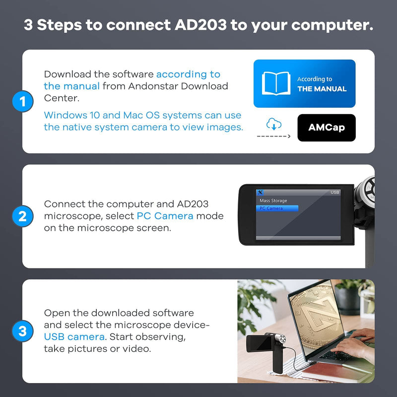 Andonstar AD203 Handheld Digital Microscope, Portable Pocket Microscope with 4 inch Screen for Kids and Adults, Black, Electronic FHD Video Microscope, Supports Windows Mac PC, USB Coin Microscope Handheld Black
