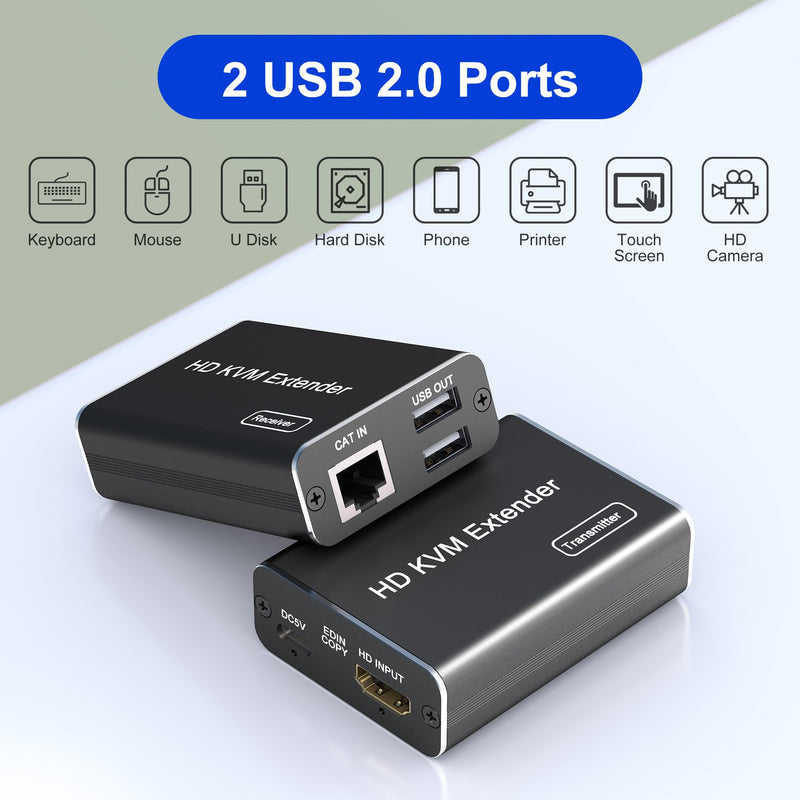 HDMI KVM USB Extender Over Cat5e/6/6a/7 up to 200ft/60M, 1080p@60Hz, 2 USB 2.0 Ports, Plug and Play, No Driver, Supports All Operating System, Keyboard and Mouse USB Over Ethernet