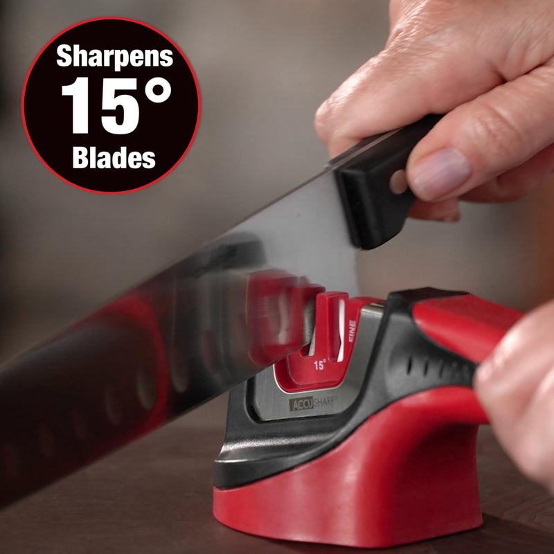 AccuSharp Gourmet 15º Pull-Through Knife Sharpener, Helps Repair, Restore, Polish & Hone Blades, 2 V-Notched Sharpening Slots for Straight & Serrated Gourmet Knives Red