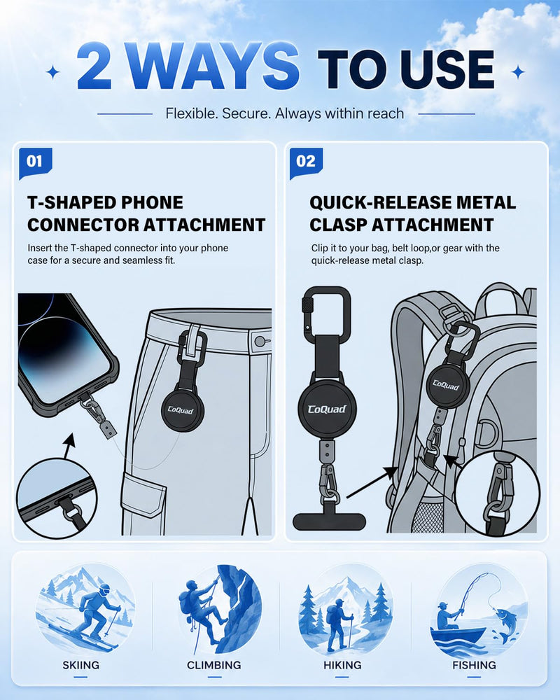 Anti-Theft Phone Tether, Phone lanyard - Universal Adhesive Anchor, Retractable Steel Line and Locking Carabiner Black