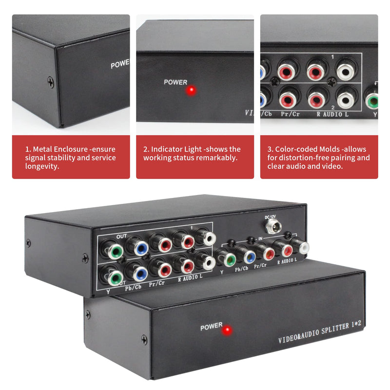 BolAAzuL 2-Way Component Video Splitter 1 in 2 Out, 1x2 YPbPr RCA Component AV Splitter Selector Converter, HDTV Video Audio Distribution 2 Port, Plug & Play, for Computers Video Scalars DVD VCR 1X2 Splitter