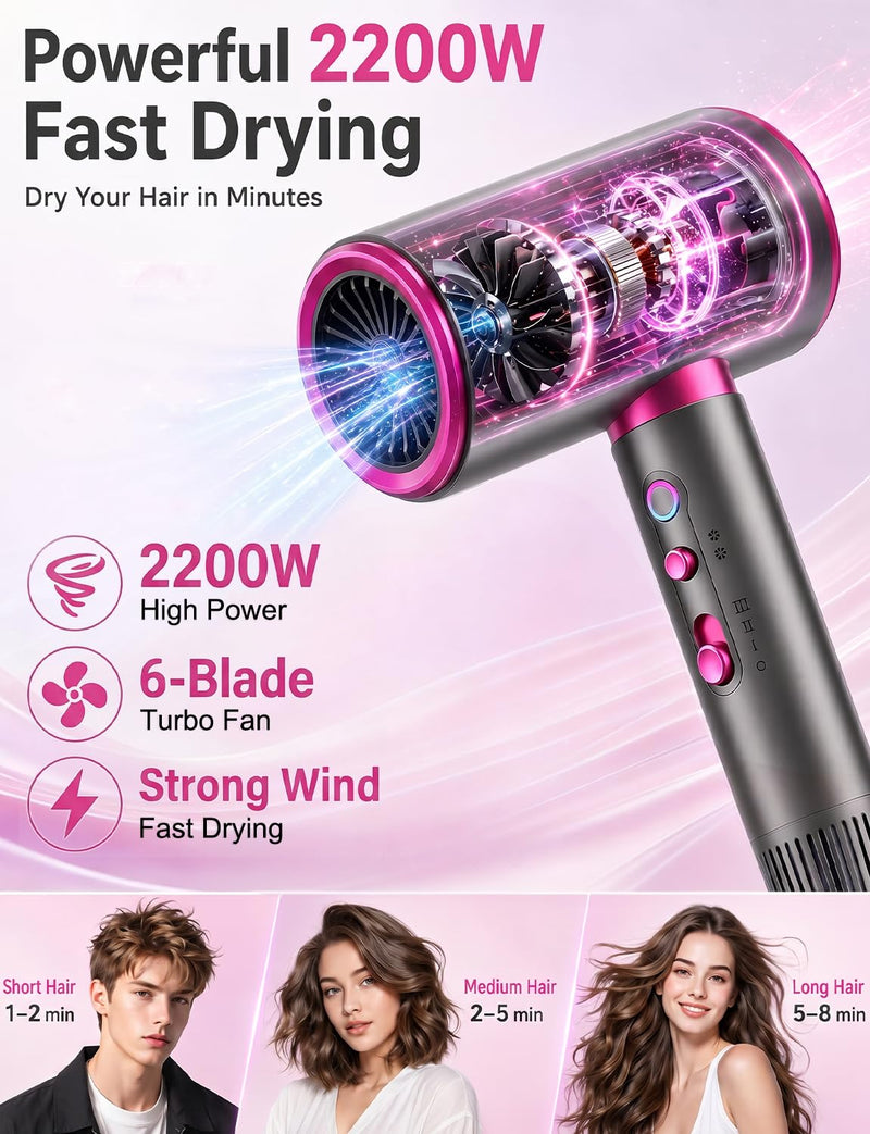 Ionic Hair Dryer 2200W with Diffuser & Concentrator, Fast Drying | 3 Heat & 2 Speed Settings, Cool Shot, Lightweight Design and Quiet Airflow for Women, Men, Curls and Daily Styling