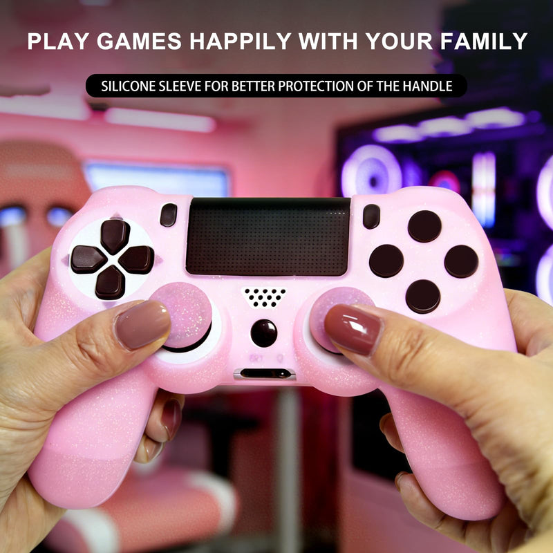 Pink Glitter Anti-Slip Protective Silicone Cover Skin Grips Compatible with PS4/Slim/Pro Controller,8 PCS Glitter Thumb Grips Caps and 2 Grips Caps. (Glitter Pink) Glitter Pink