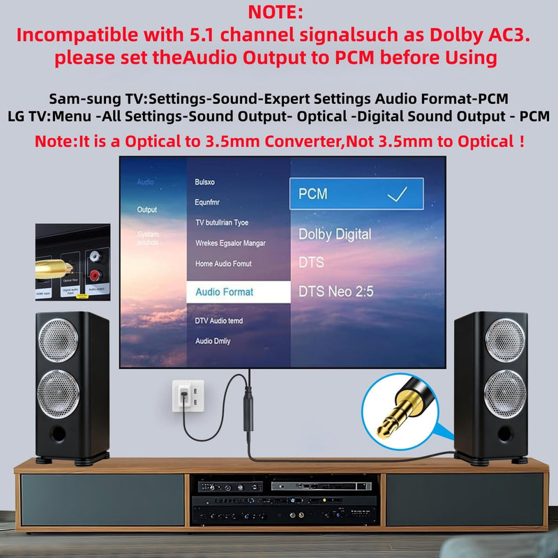 192KHz DAC Optical to 3.5mm Converter,Optical Audio Cable to AUX Cable Adapter,Digital to Analog Audio Converter for HDTV DVD Set-top Boxes Out to Speaker Audio Mixer(Unidirectional O-ptical to AUX) 3.3FT